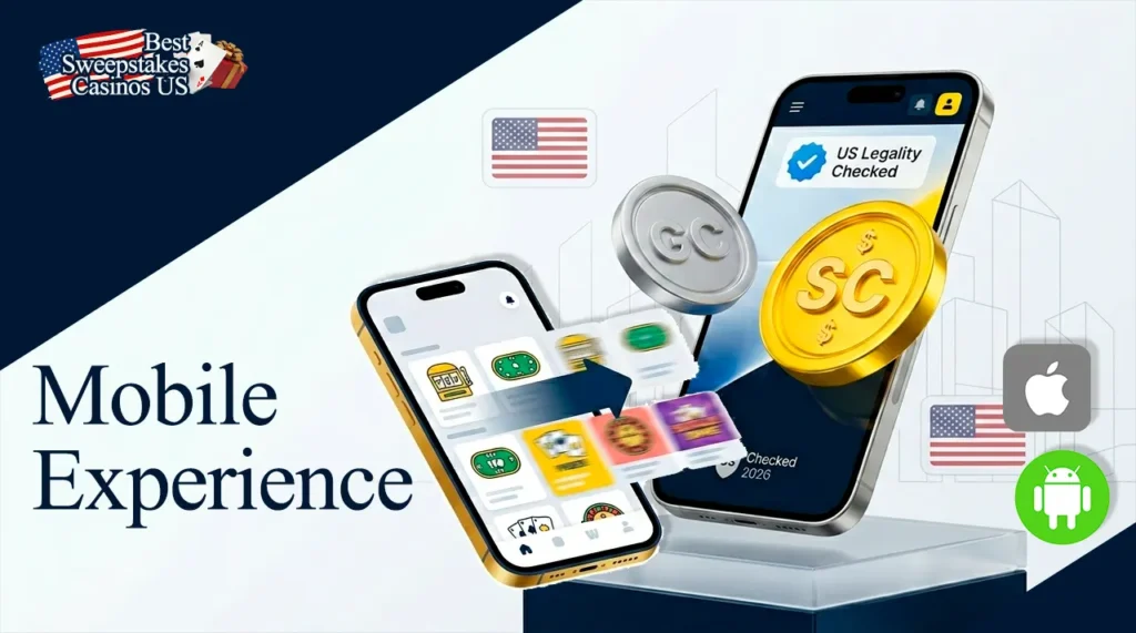 Playing sweepstakes casinos on iOS and Android mobile devices.