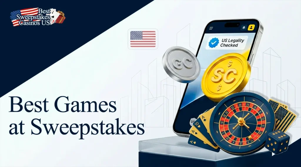 Popular games at sweepstakes casinos including slots, blackjack, live dealer.